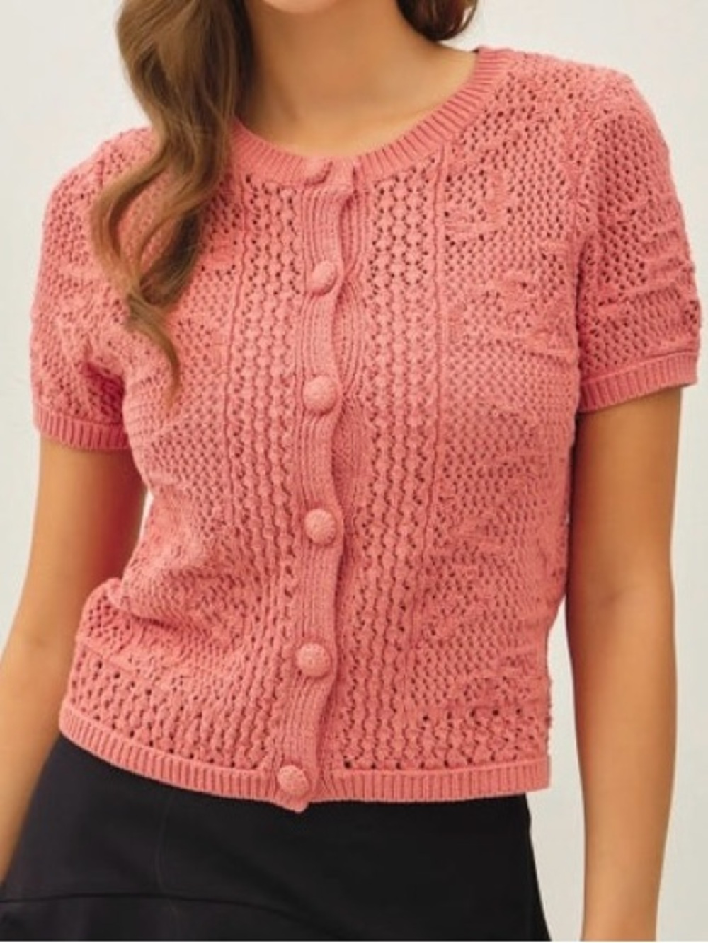 BE COOL Pink Short-Sleeve Knit Cardigan with Covered Buttons
